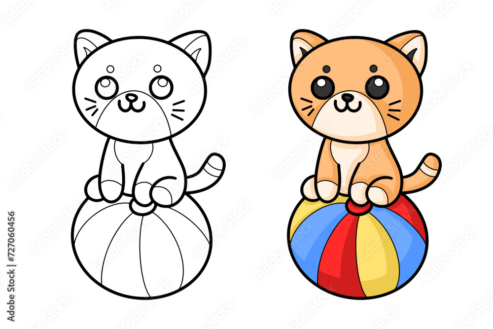 Fototapeta premium learn to color the cat on the circus ball, coloring book, coloring pages for children.