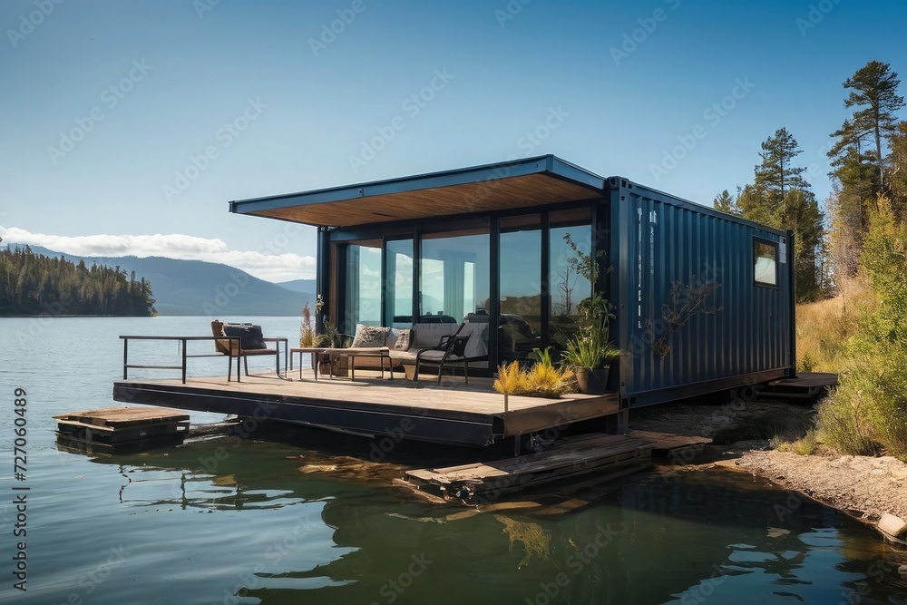 Modern shipping container house home, tiny house in sunny day. Shipping container houses is sustainable, eco-friendly living accommodation or holiday home Modern shipping container house home, tiny house in sunny day. Shipping container houses is sustainable, eco-friendly living accommodation or holiday home