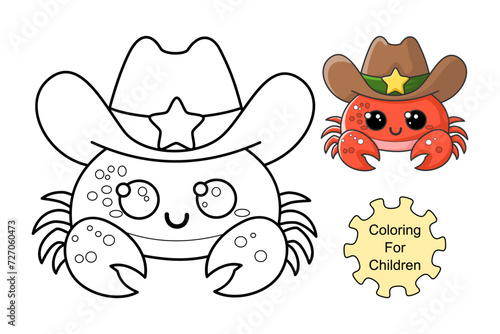 learn to color a crab wearing a cowboy hat, coloring book, coloring pages for children.