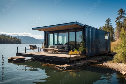 Modern shipping container house home, tiny house in sunny day. Shipping container houses is sustainable, eco-friendly living accommodation or holiday home