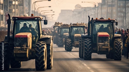 Many tractors blocked city streets and caused traffic jams in city. Agricultural workers protesting against tax increases, changes in law, abolition of benefits on protest rally, Generative Ai