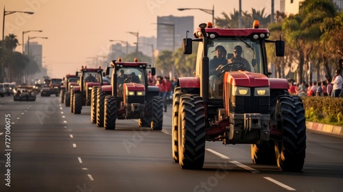Many tractors blocked city streets and caused traffic jams in city. Agricultural workers protesting against tax increases, changes in law, abolition of benefits on protest rally, Generative Ai © Nakron