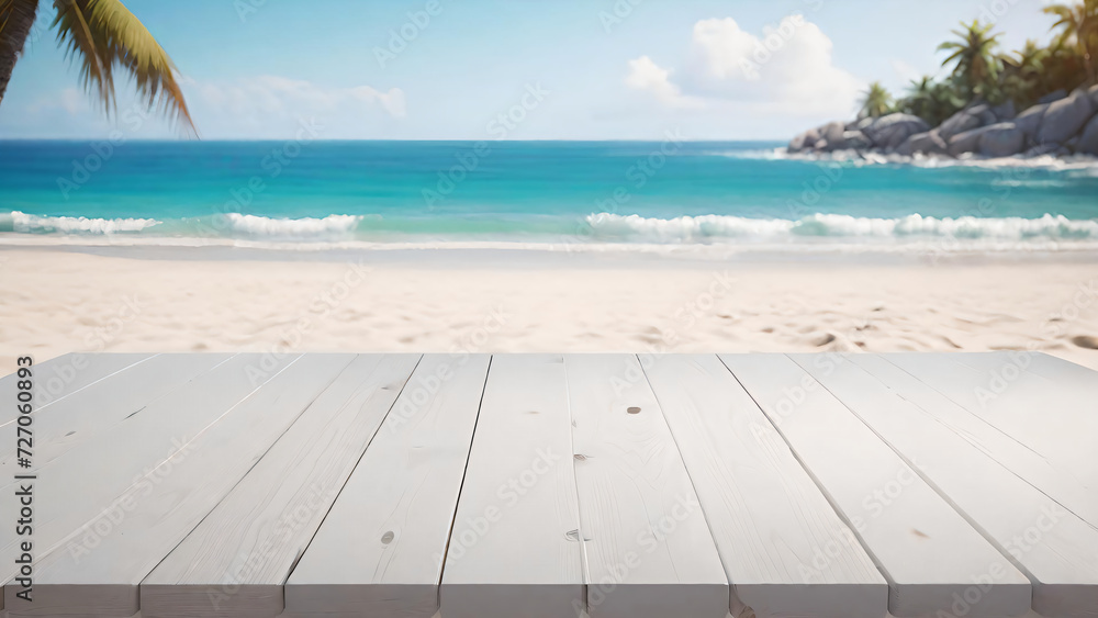 Fototapeta premium White board for product presentation with beach background