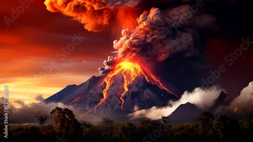 Volcano erupting scene, animated virtual repeating seamless 4k photo