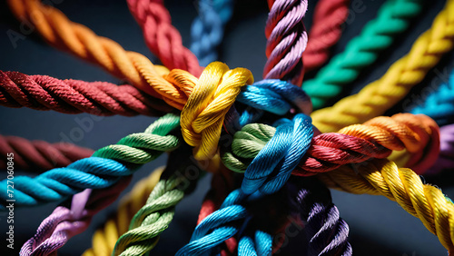 Colorful ropes knotted together photo