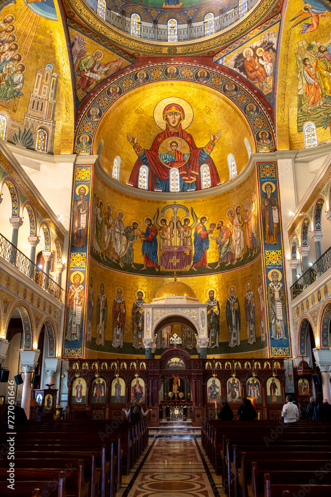 Saint Paul melkite (Greek catholic) cathedral, Harissa, Lebanon. Evening prayer during Easter week