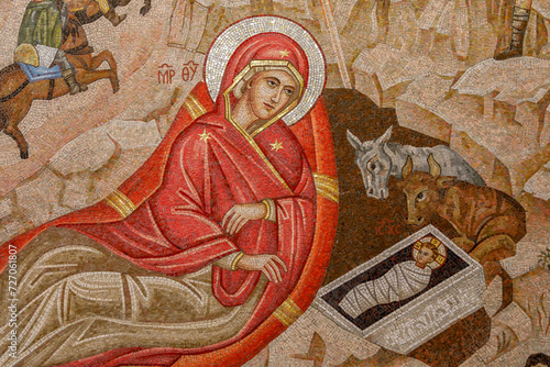 Saint Paul melkite (Greek catholic) cathedral, Harissa, Lebanon. Nativity mosaic photo