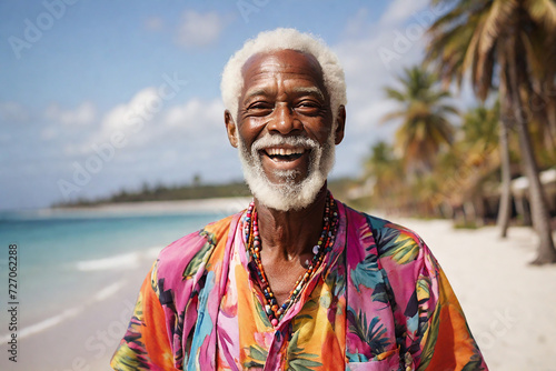 Portrait of an elderly black man with a joyful expression, gray hair and a white beard, on a tropical beach wearing colorful clothes.