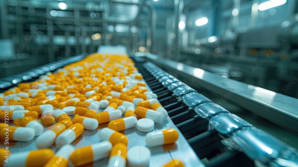 Fototapeta premium Cutting-edge pharmaceutical facility with pills in motion on conveyors, highlighting advanced drug manufacturing techniques.