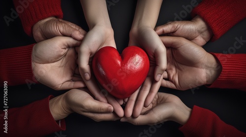 Harmonious family hands encircle a red heart, reflecting the security of heart health insurance.