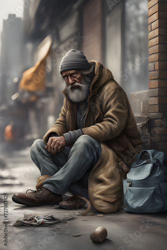 homeless old man sitting on the street