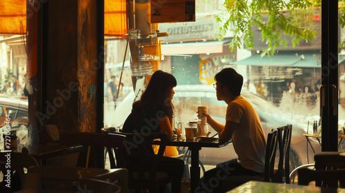 A romantic couple engaged in a heartwarming conversation, their eyes filled with the magic of new love, while surrounded by the serene ambiance of a calm cafÃ©.
