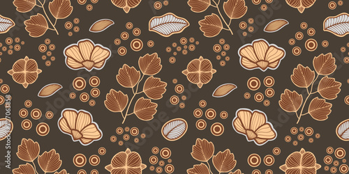 Floral leaf seamless pattern with brown colors combination. Abstract design of leaves and flowers. Design of leaves made for fabric or textile, wallpaper, wrapping, interior decor, cover, clothing