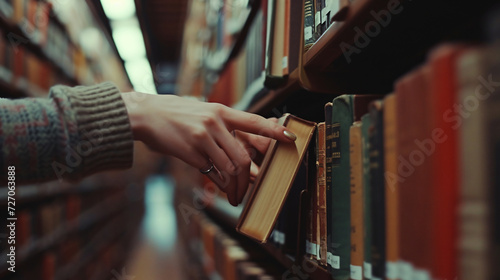 Serendipitous moment between two strangers in the hushed ambiance of a library as their hands inadvertently touch while reaching for a book. photo