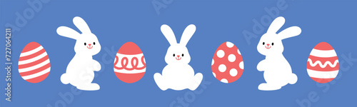 Easter bunny, rabbit and eggs ornament isolated on  
 background. Cute modern colorful cartoon. Minimal design elements for seasonal holiday decoration. Vector illustration.