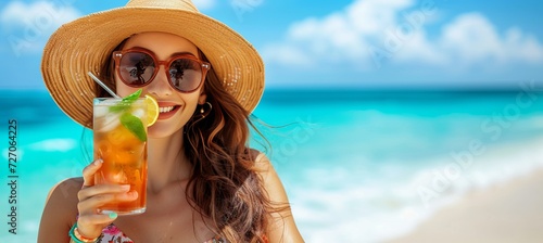 Beautiful woman enjoying a mojito cocktail on a sunny summer day at paradise beach © Ilja