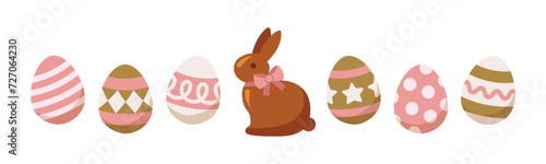 Easter bunny rabbit chocolate and easter eggs with ornament isolated on white background. Cute modern colorful cartoon. Minimal design elements for seasonal holiday decoration. Vector illustration.