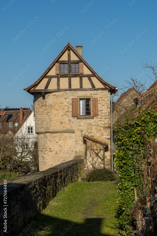 Old tower of the city wall in the german village called Dettelbach