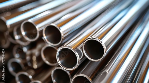 Stack of stainless steel pipes background, metallurgical industry backdrop concept image