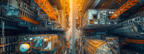 Aerial View of Construction Site with Tower Cranes and Scaffolding  epic illustration  