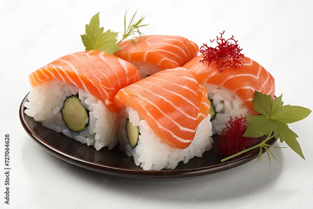Salmon sushi isolated on white background.