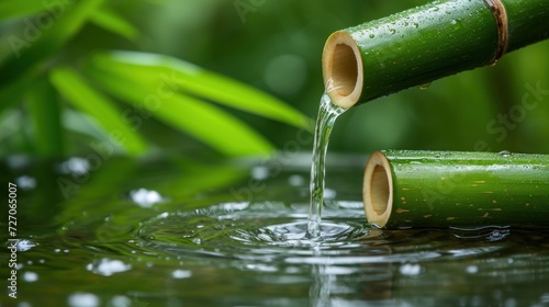 Tranquil Bamboo Water Fountain Gently Trickling Into a Serene Rainy Pond photo