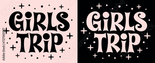 Girls trip lettering squad crew gang badge. Retro vintage cute groovy girly pink and black aesthetic. Text vector for women holiday vacation travel group matching shirt design printable accessories.