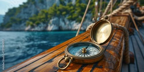 Antique Brass Compass on Wooden Sailboat Deck Against Mountainous Coastline