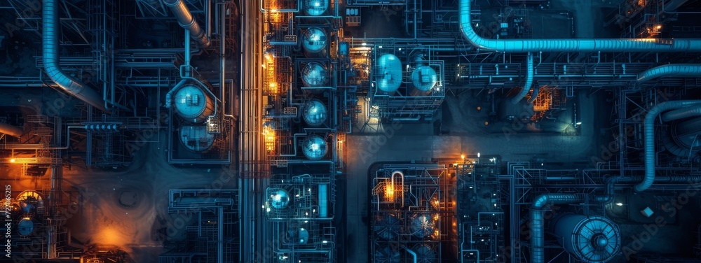 Aerial View of Chemical Industrial Complex with Blue Tinted Lighting at Night