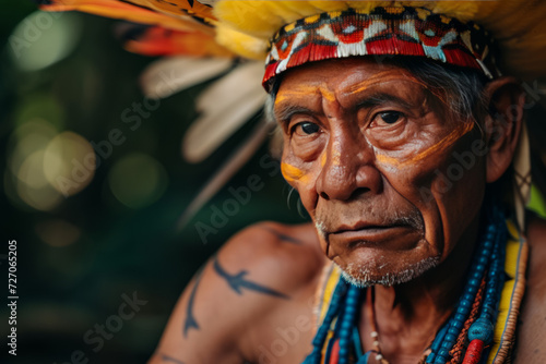 Portrait of an indigenous Amazonian, an aborigine, in traditional coloring and colored feathers.