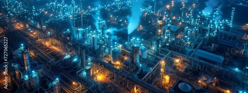Illuminated Petrochemical Industrial Plant at Night 