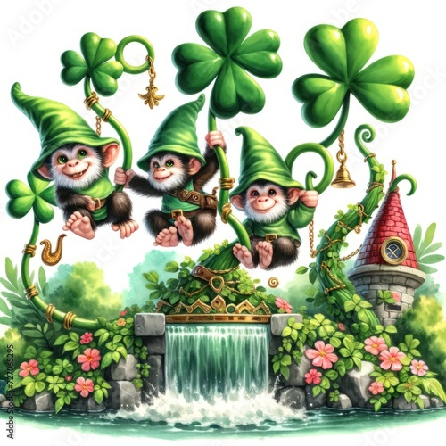 Three playful monkeys in green gnome hats swinging from clover stems near a waterfall and a whimsical tower  in a festive St. Patrick s setting. 