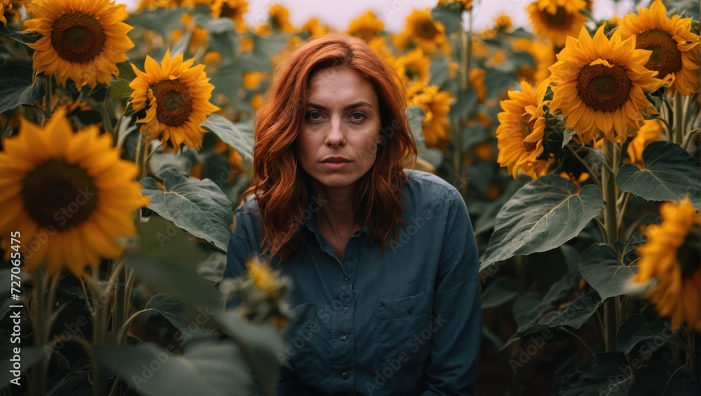 portrait of a red-haired girl in sunflowers portrait of a red-haired girl in sunflowers