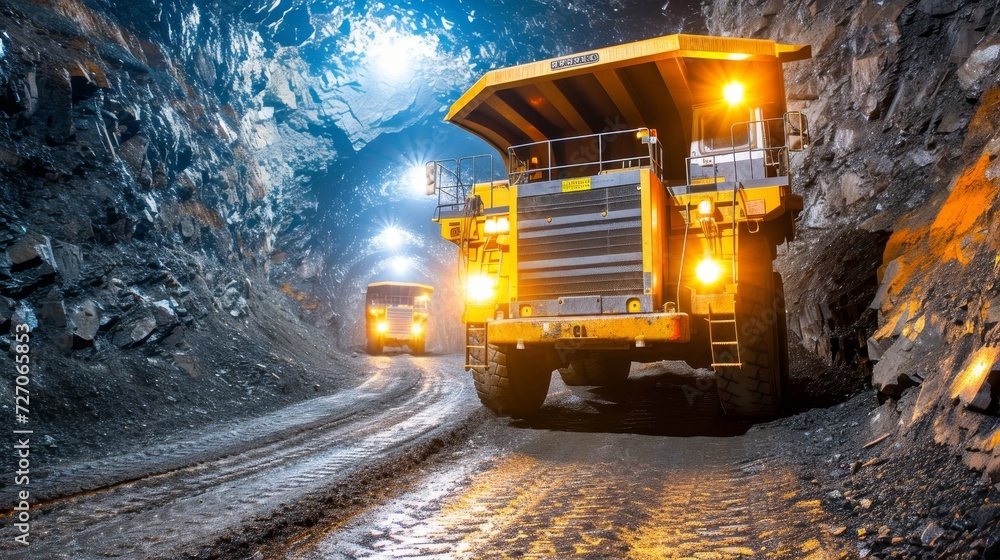 Exploring low and narrow modern gold mine gallery interior with industrial equipment Exploring low and narrow modern gold mine gallery interior with industrial equipment