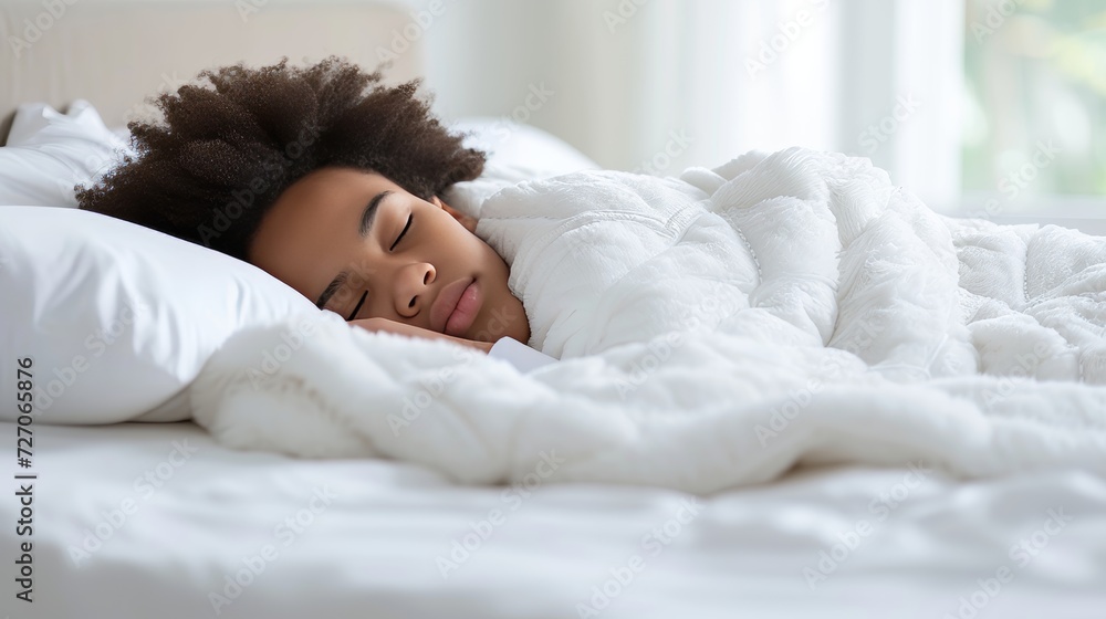 20 year old african american man in white clothes, sleeping on white bed with white blanket. 20 year old african american man in white clothes, sleeping on white bed with white blanket.