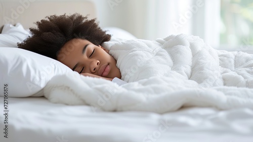 20 year old african american man in white clothes, sleeping on white bed with white blanket.