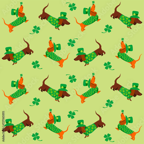 St. Patrick's day Seamless Pattern background. Simple trendy pattern with dogs. For the design of fabric, wrapping paper, wallpaper, prints, clothing, packaging and postcards. 17 march. Vector © Hanna