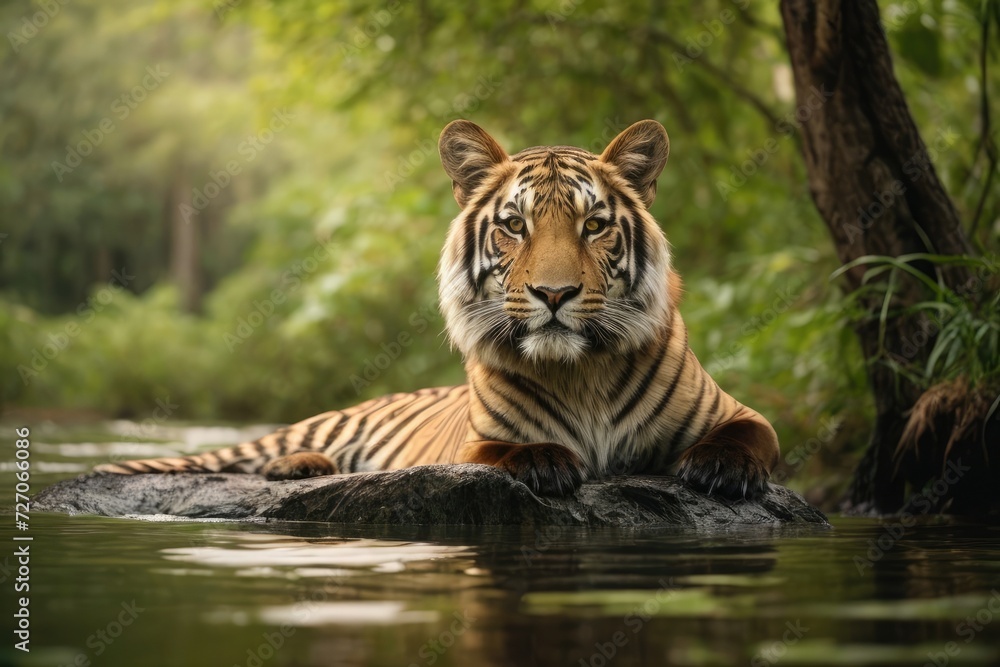 a tiger is sitting on a rock in the water, a tiger, looking majestic in forest, wildlife photo,.. wildlife day concept. a tiger is sitting on a rock in the water, a tiger, looking majestic in forest, wildlife photo,.. wildlife day concept.