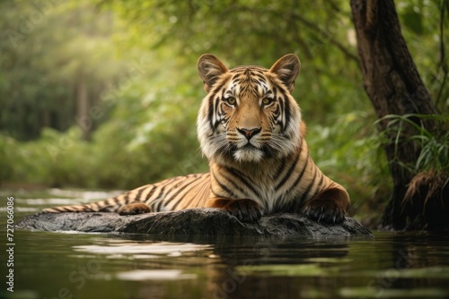 a tiger is sitting on a rock in the water  a tiger  looking majestic in forest  wildlife photo .. wildlife day concept. 