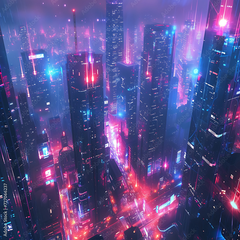 A neon-lit cityscape with towering buildings and glowing lights against a dark backdrop, creating a futuristic and visually stunning urban setting.