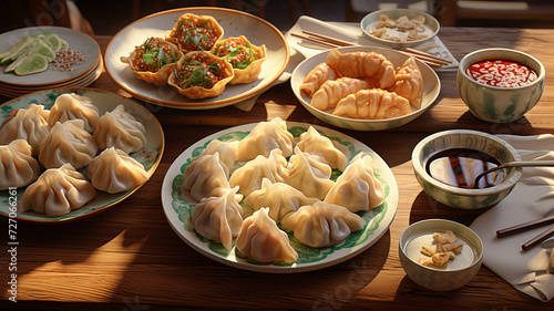 Savory steamed and pan-fried dumplings wontons served with dipping sauces and soup on a wooden table.