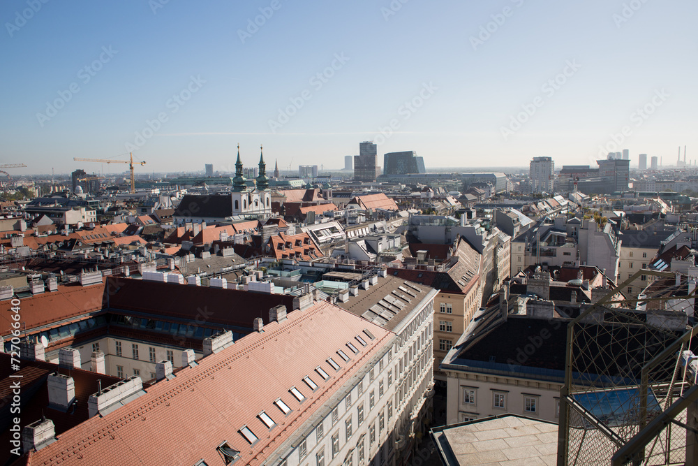 Bird's eye view of Vienna. Austrian landmark from above. High-rise glass buildings.