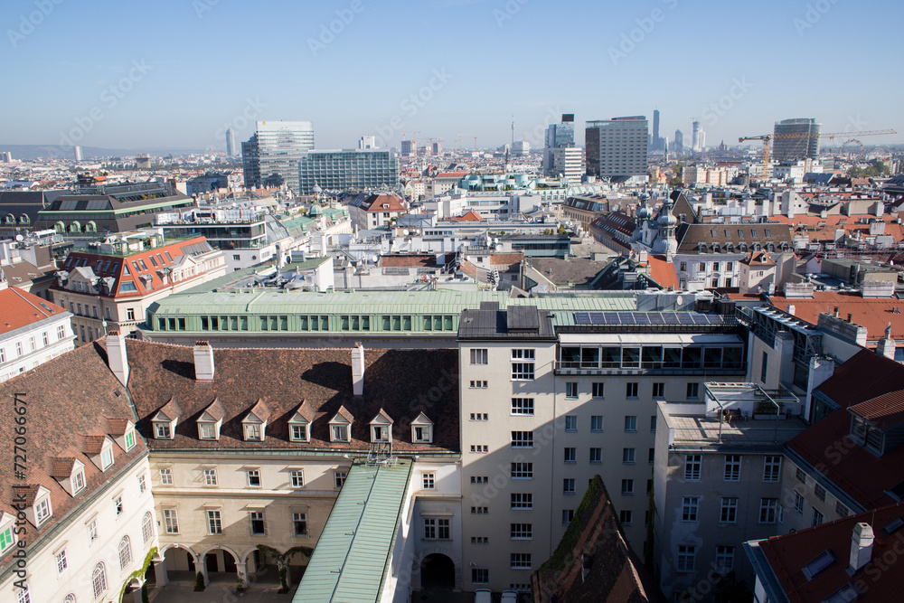 Beautiful architecture of Vienna. The main attractions of Austria. Observation platform in a big city. Tall glass buildings on the horizon. Modern city.