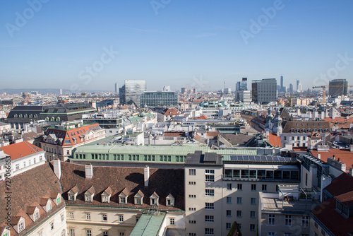 A modern city with high-rise buildings. Tall glass buildings in Austria. Traveling around Vienna. Observation platform in the city center. Bird's eye view of the city.