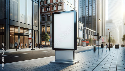 Urban street scene with a blank advertising billboard ready for branding, pedestrians walking by, modern buildings, and the soft glow of the morning light.Concept of advertising surfaces. AI generated photo