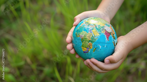 World environment Day concept. Child hand's who is holding carry the World. Protect our globe. Copy space.