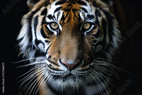 Portrait of a tiger s face on a dark background.