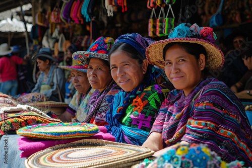 A group of Latin American women sell handicrafts at a flea market. photo
