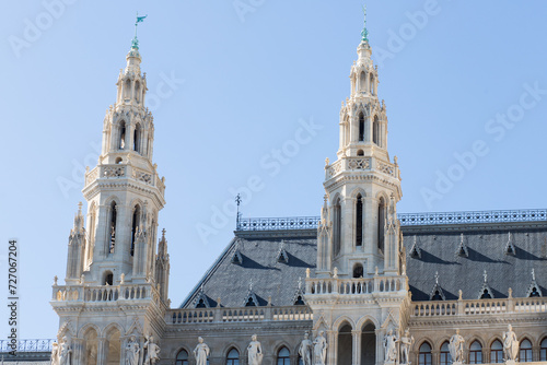 Architectural structure in Austria. Sights of Vienna. The Town Hall building on the central square of the European city. Cultural capital.