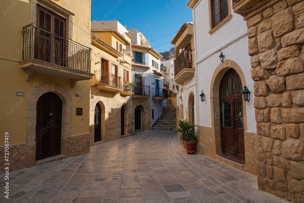 Picturesque narrow street in Spanish city old town. Typical traditional whitewashed houses with blooming plants, flowers, cobbled street in a small cozy town in Spain